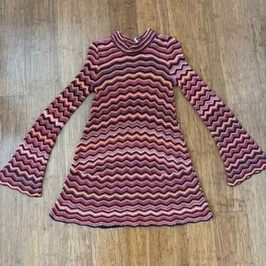 Free People Sweater Midi Mini Dress Long Sleeve Warm Red Orange White Medium